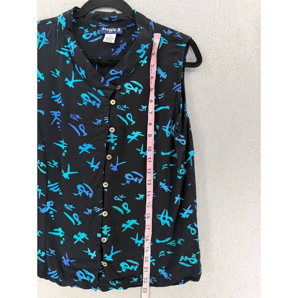 Maggie B. Tank Top Women M Black Blue Teal Asian Calligraphy Script Blouse Artsy - Picture 6 of 11